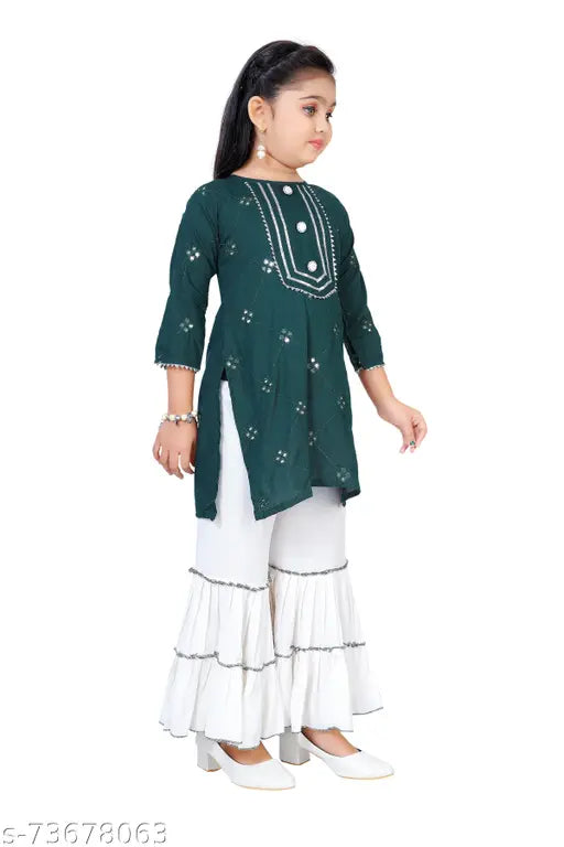 Cotton blend kurta sharara set for girls, embroidered three-quarter sleeves without duppatta, quality fabric, Indian made
