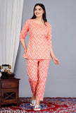 Comfortable cotton printed night suit top & pyjama set with floral all-over print, 3/4 sleeves, and notch neck from KIYA FASHION