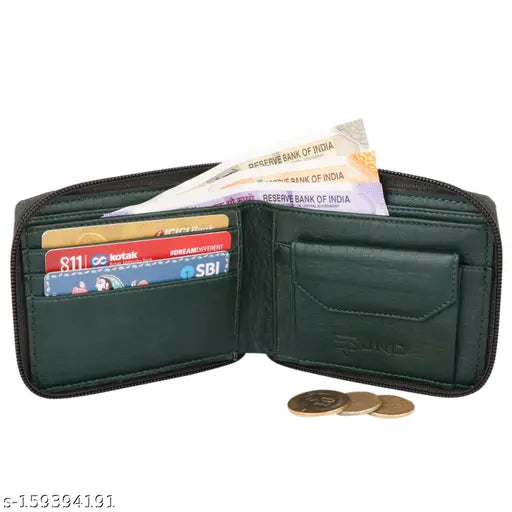 Green PU round zip wallet, 2 compartments, solid design for men's essentials, made in India