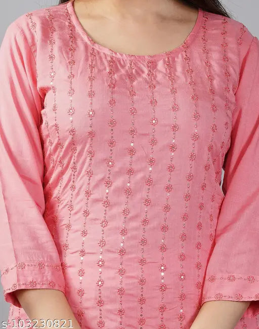 Rayon peach embellished kurta with palazzo bottoms, single size available