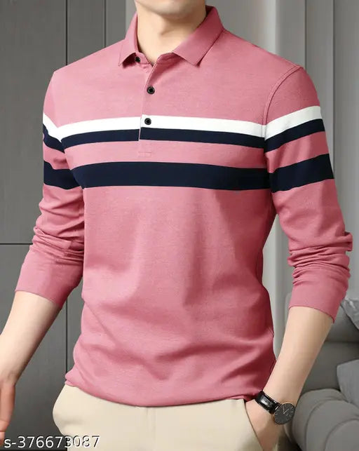 Pink cotton long-sleeved polo t-shirt for men, horizontal stripes pattern, superior quality, softens with wear