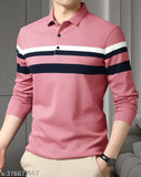 Pink cotton long-sleeved polo t-shirt for men, horizontal stripes pattern, superior quality, softens with wear