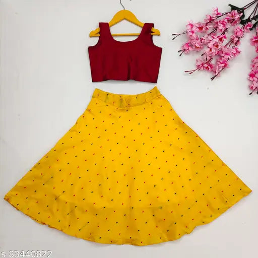 Kids Girls satin crop top with embellished lehenga and art silk dupatta, Indian designer outfit for 2-3 years (waist size 20in, length 24in) or 3-4 years (waist size 22in, length 26in) or 4-5 years (waist size 24in, length 28in)