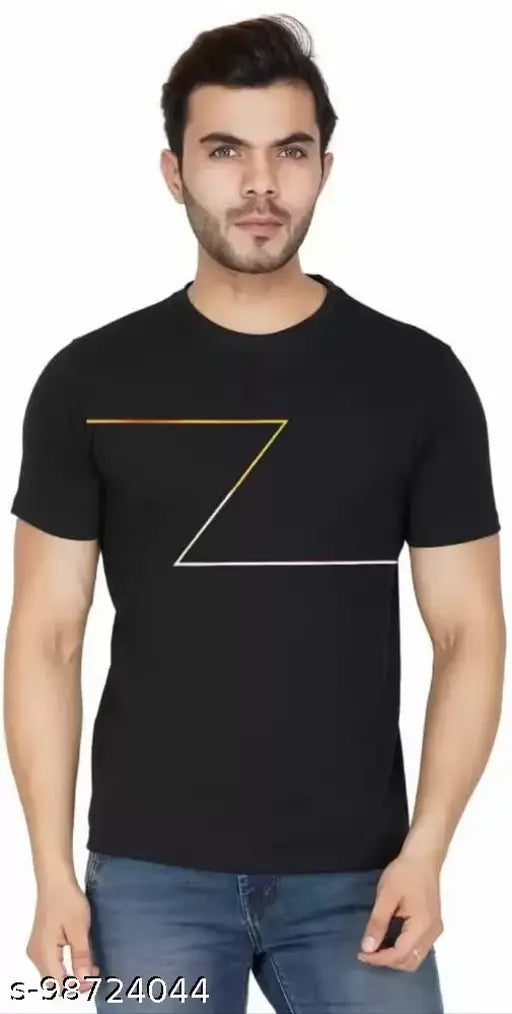 Black printed polyester Rebozo half-sleeve men's t-shirt with cotton blend, size chart included