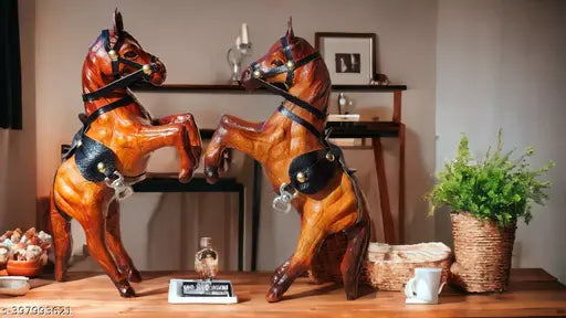 Brown wooden & metal jumping horse set, premium decorative showpiece, enhances living space, handcrafted, Indian origin
