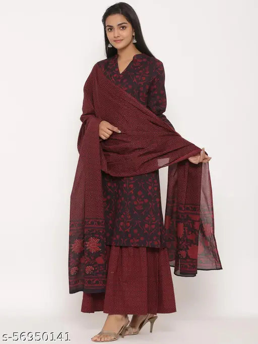 Cotton floral straight kurta and sharara, dupatta included, festive celebration attire