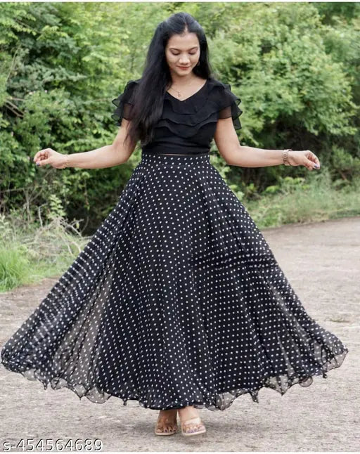 Trendy latest women's Georgette lehenga sets, short-sleeved top & bottom with net detail. Available in sizes S, M, L, XL, XXL, XXXL from India