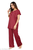 Attractive satin nightdress & pyjama for daily wear, solid color satin lycra blend fabric, easy washable, includes 1 top and 1 bottom (M, L, XL sizes available)