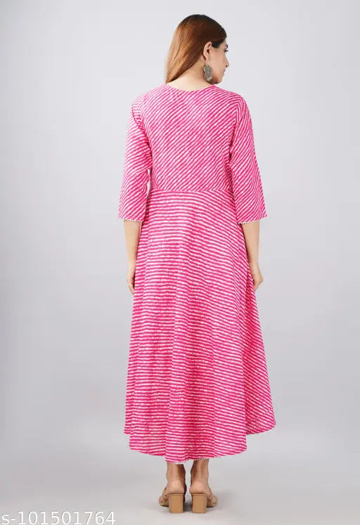 Pink rayon linen gown with lahariya print, long sleeves