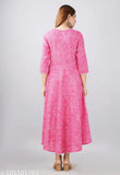Pink rayon linen gown with lahariya print, long sleeves