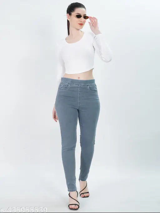 Grey denim fix elastic jegging for women - high rise, slip-on style in solid grey fabric