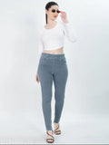 Grey denim fix elastic jegging for women, high rise with slip-on closure, solid grey faded style