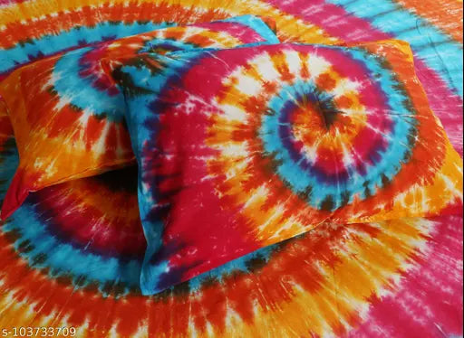 Handmade abstract tie-dye pure cotton king size flat sheet, 350TC, 2 stitched pillow covers. Premium quality, lightweight, breathable, and soft for summer use at home