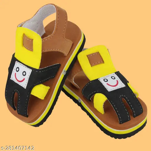 Brown and yellow sandals for toddlers, with black straps