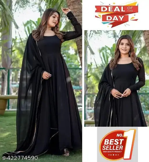 Georgette black anarkali gown with dupatta set, printed floral design for women's wedding party wear. Indian-made, suitable for all events and easy to wear