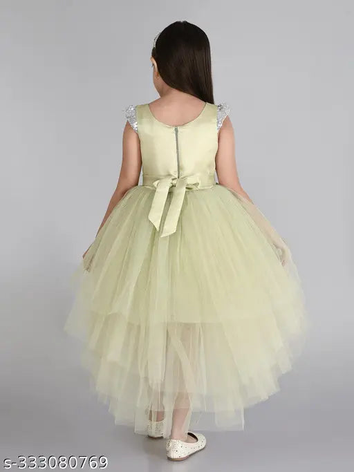 Green net layered Hi-Low party dress for girls, toy balloon print on sleeveless design
