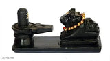 Black polyresin Shivling with Nandi on single platform, intricately designed home temple decor item, made by Indian artisans