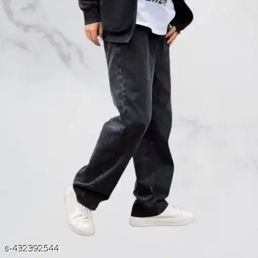 Blue denim loose fit straight leg jeans men's casual street style fashion