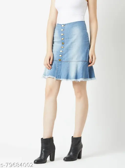 Denim ombre effect blue mini skirt by Miss Chase, solid fabric, regular fit and mid rise, size options available from 26-34 inches waist, 19-20 inches length, and up to 42 inches hip size