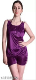 purple women's satin nightwear top & shorts set, sleeveless, satin fabric, solid pattern, senslife® brand, available in sizes M, L, Free Size