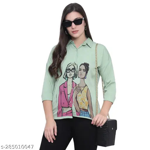 Light green poly crepe Pravya top, casual long-sleeved print design for women, India origin