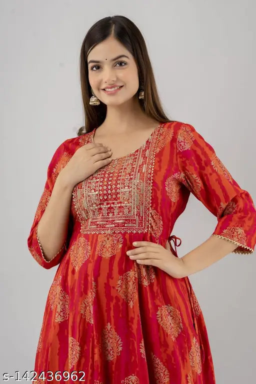 Orange and pink embroidered women's anarkali kurta