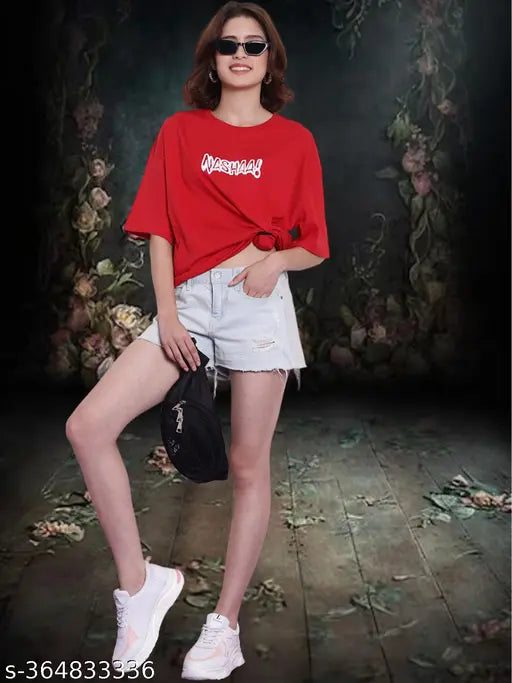 Oversized t-shirt with graphic print in black, red, and white colors, front and back design on cotton fabric, for women