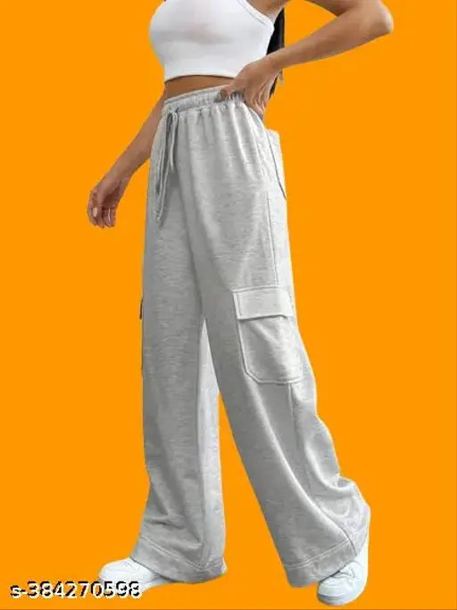 Grey cotton blend women's regular fit trousers with six pockets