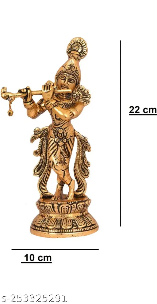 Gold-toned Krishna idol with flute, 8cm x 22cm metal showpiece, Indian temple decoration or gifting purpose