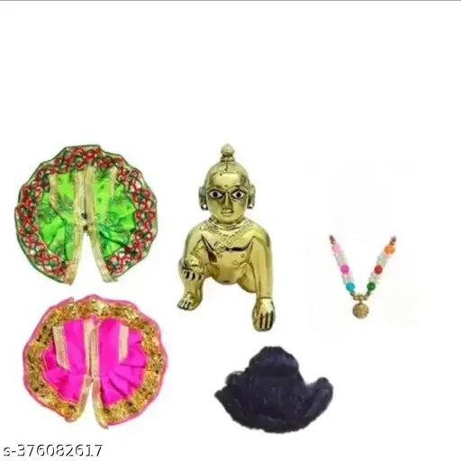 Brass Krishna idol: Thakur ji 1NO Laddu Gopal with 2 Posak dress, 1 Mala & 1 Bal size