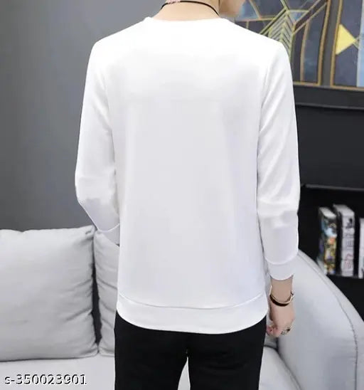 White polyester men's round neck alphabet t-shirt, premium quality fabric, long sleeves, printed design