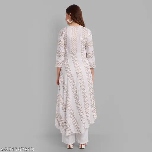Golden print Anarkali Kurti with Palazzo Set in Rayon fabric, perfect for women and girls' occasion wear. Stylish and comfortable, great for family functions or events