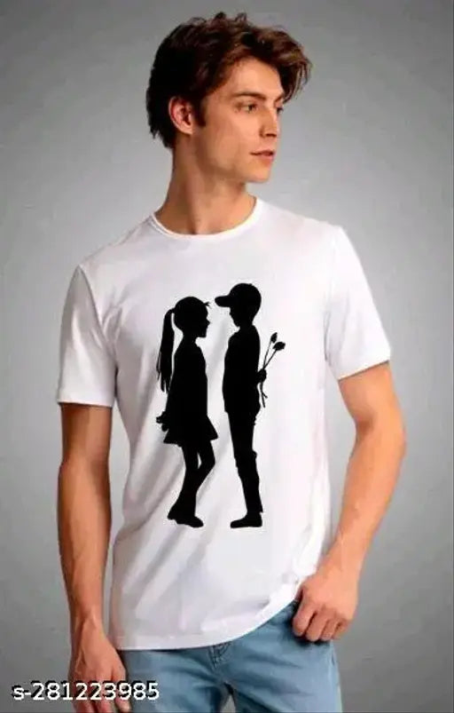 Cotton blend white men's t-shirt with printed SVG girl & boy design, short sleeves, available in S, M, L, XL, XXL. Made in India