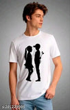Cotton blend white men's t-shirt with printed SVG girl & boy design, short sleeves, available in S, M, L, XL, XXL. Made in India