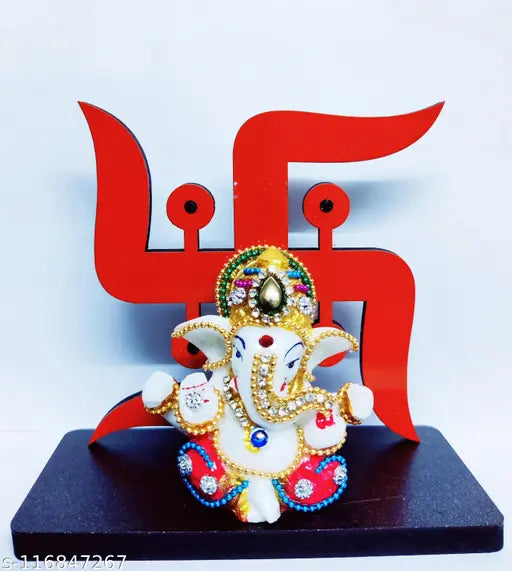 Stone-decorated wooden base Lord Ganesha, modern spiritual home decor (5.5cm x 11cm x 12cm), handcrafted Indian art