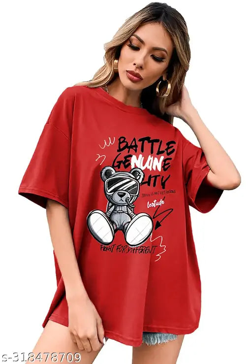 Woman wearing red oversized T-shirt with graphic print