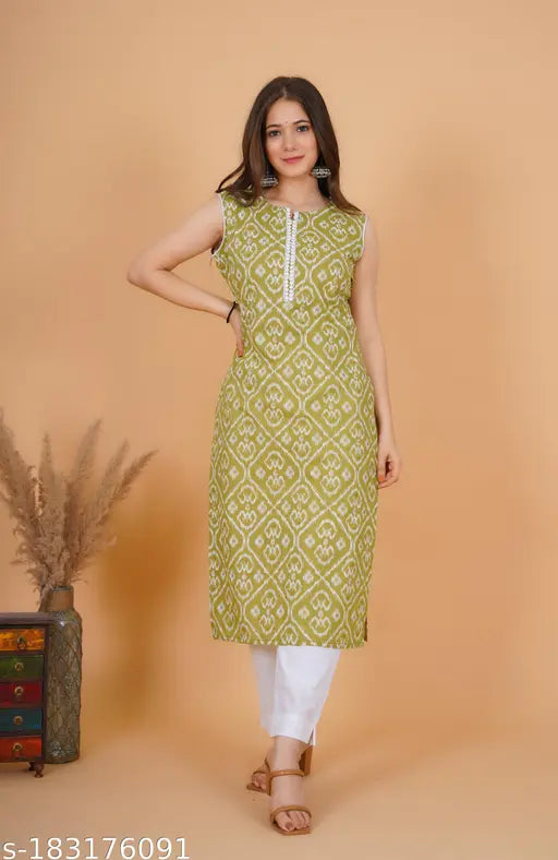 Green Cotton Sleeveless Floral Kurti, vibrant floral print, India origin