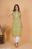 Green Cotton Sleeveless Floral Kurti, vibrant floral print, India origin