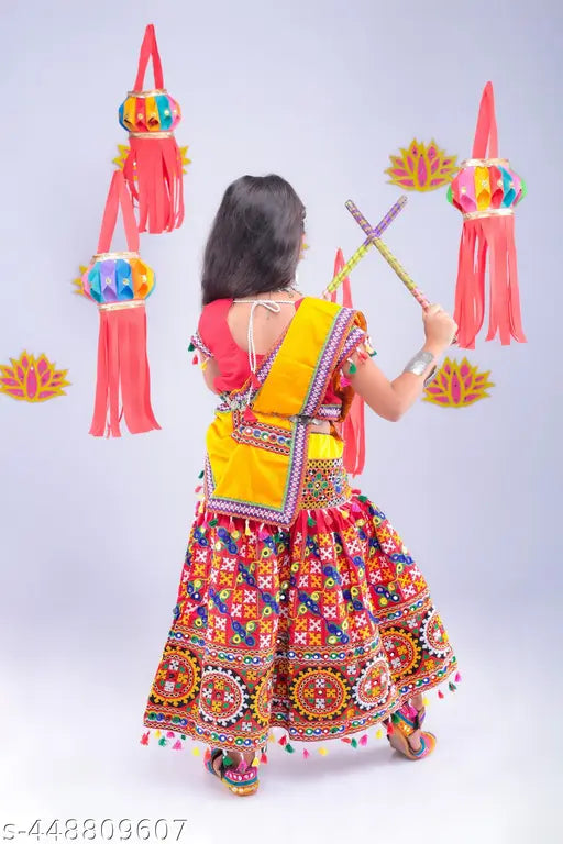 Red Banjara India Kutchi embroidered Chaniya Choli with dupatta, embellished cotton fabric for young girls