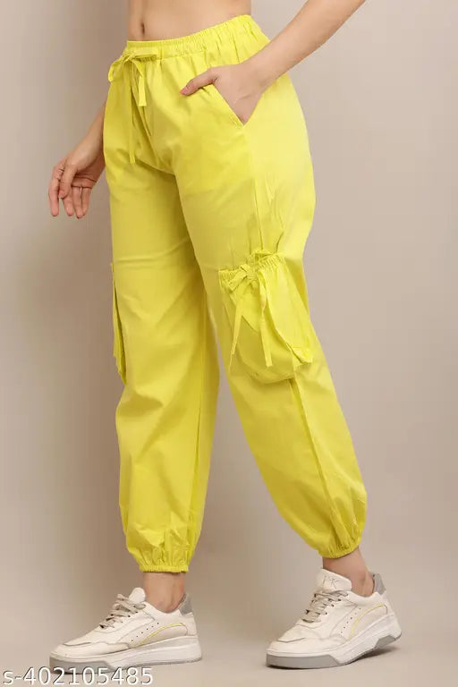 Yellow high-waisted poplin cotton casual pants for women, new spring collection