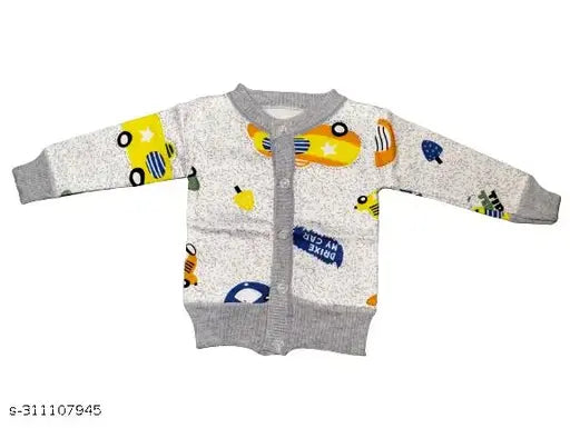 Cotton blend newborn baby sweater with front open and long sleeves, printed net pattern, suitable for 0-3 months to 18-24 months