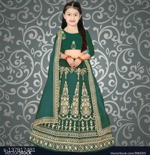 Rama Shagun satin lehenga and dupatta for kids, semi-stitched with embroidery, short sleeves, various sizes from 3-7 years old