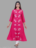 Pink rayon three-quarter sleeve embroidered partywear kurti for women, embellished with intricate work, suitable for any occasion