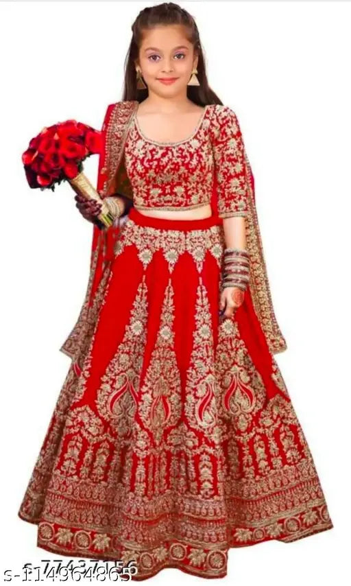 Red velvet children's lehenga set with net dupatta and embroidered patterns, semi-stitched, sizes from 3-4 to 13-14 years, Indian origin