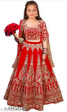 Red velvet children's lehenga set with net dupatta and embroidered patterns, semi-stitched, sizes from 3-4 to 13-14 years, Indian origin
