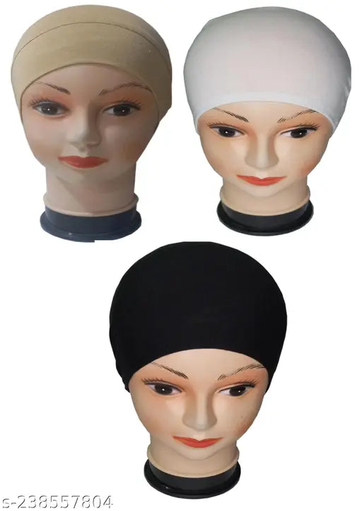 Three hijab caps, 100% cotton, available in plain and tube designs, suitable for hijabs and as part of headwear sets