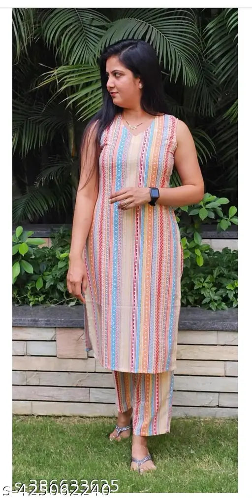 Orange striped cotton lining set with sleeveless kurta and palazzos for women's family function attire