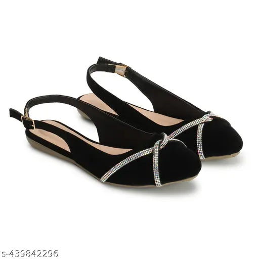 Women's casual black velvet flat bellies with sparkling details, party wear
