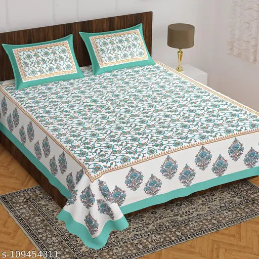 Floral cotton flat sheets & pillow covers (160 thread count), ideal for summer, from Jaipur's screen-printed Bindia collection