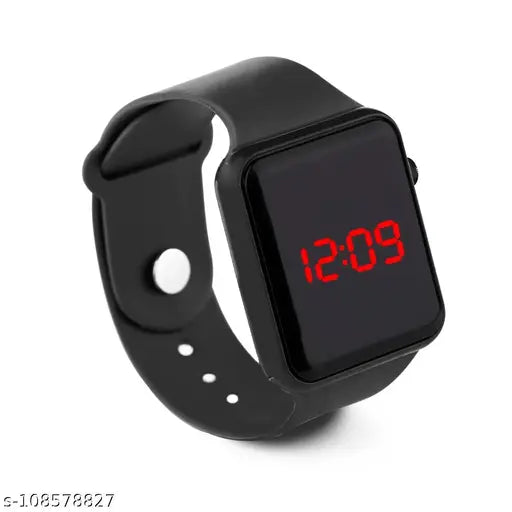 Digital watch with a black strap and red digital display, 120 hour battery life